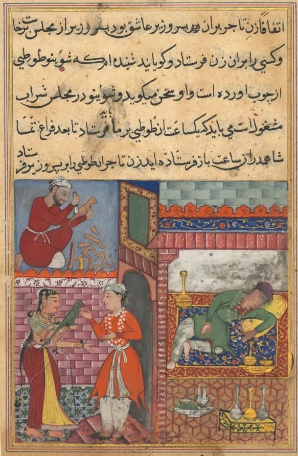 The vizier’s son receives the magic wooden parrot from the wife of the merchant, who is drunk, and has a replica made by a carpenter, from a Tuti-nama (Tales of a Parrot): Tenth Night, by Lalu, unspecified, 1560