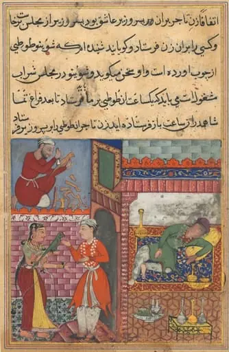 The vizier’s son receives the magic wooden parrot from the wife of the merchant, who is drunk, and has a replica made by a carpenter, from a Tuti-nama (Tales of a Parrot): Tenth Night, by Lalu