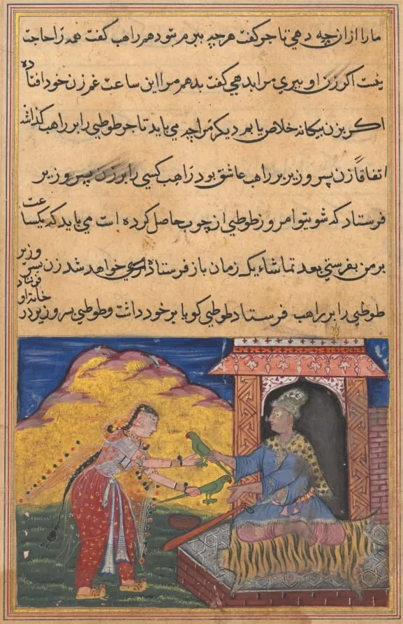 The wife of the son of the vizier brings the magic wooden parrot to her lover, the monk, who exchanges it for the replica, from a Tuti-nama (Tales of a Parrot): Tenth Night, by Lalu, unspecified, 1560