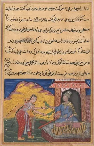 The wife of the son of the vizier brings the magic wooden parrot to her lover, the monk, who exchanges it for the replica, from a Tuti-nama (Tales of a Parrot): Tenth Night, by Lalu