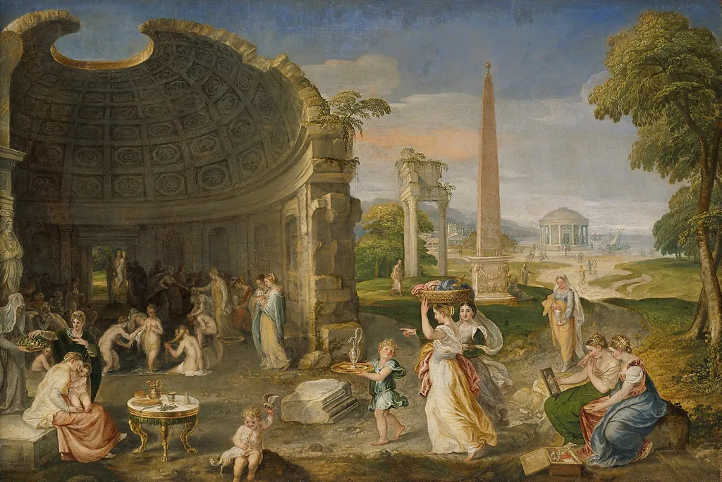 Landscape with classical ruins and women bathing, by Lambert Sustris, oil, 1552
