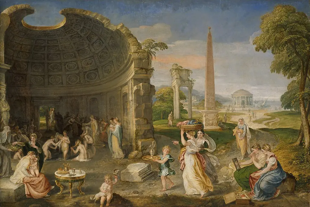 Landscape with classical ruins and women bathing, by Lambert Sustris
