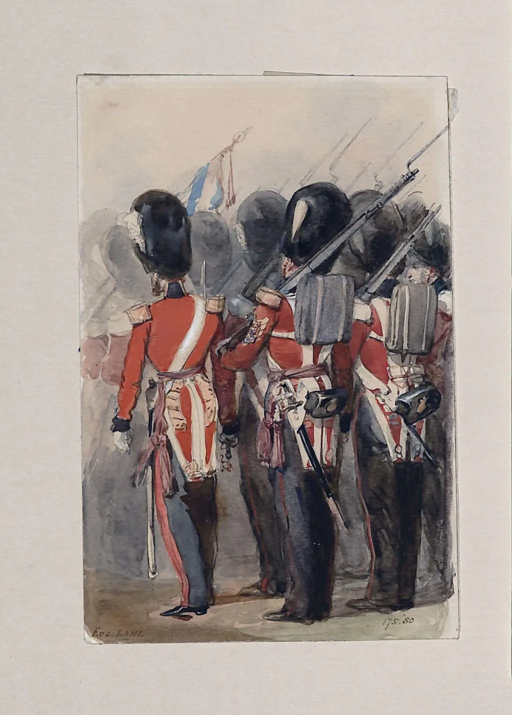 Guards at a Review in Windsor Park, by Lami, watercolor, 1850