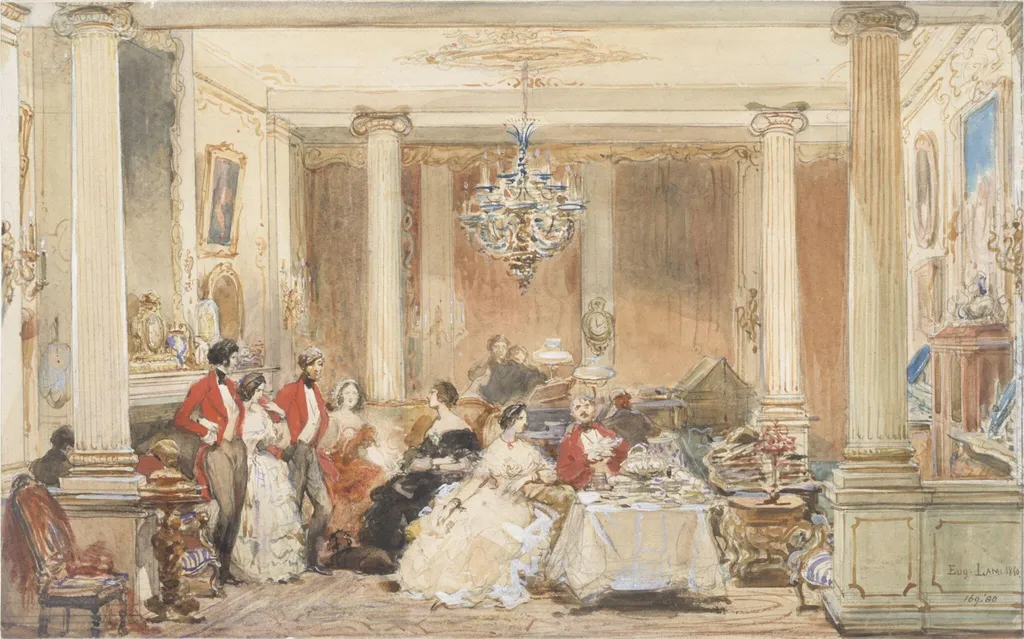 Interior at Colworth House, by Lami, watercolor, 1850