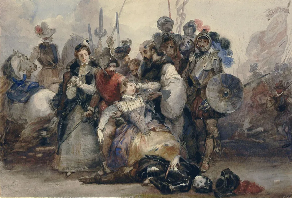 Mary Stuart and the dead body of Douglas, by Lami, watercolor, 1850