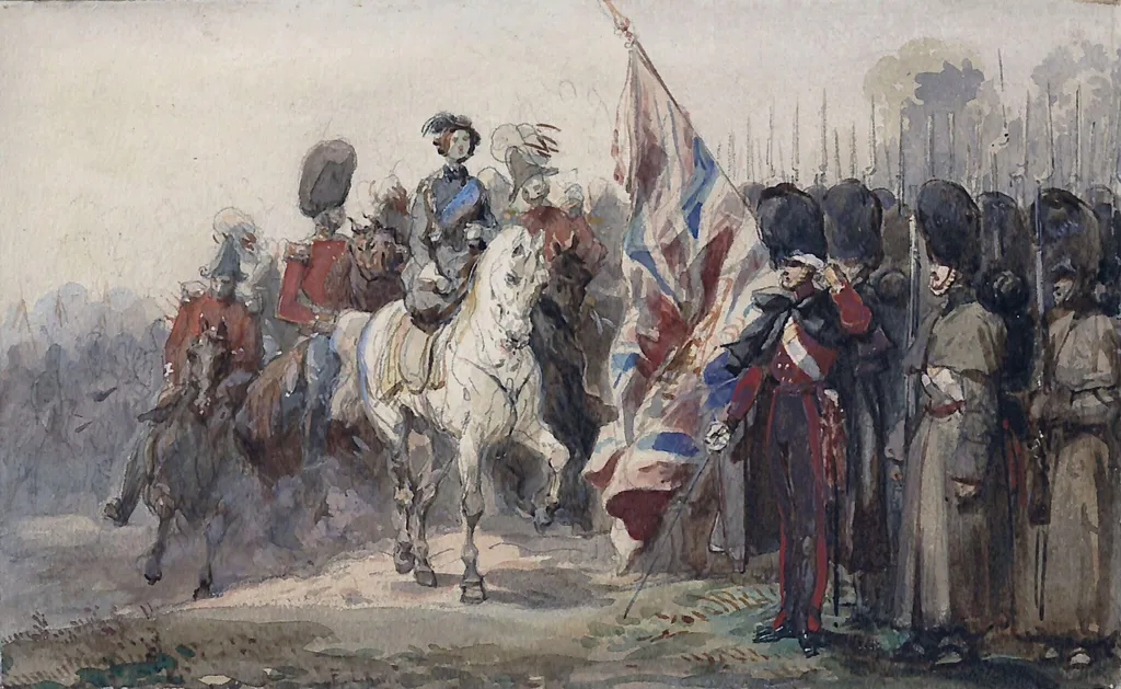 Queen Victoria at a review in Cobham, by Lami, watercolor, 1854