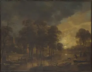 Landscape with a Brook and a Village in Moonlight
