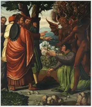 Landscape with an Angel Bearing the Crown of Martyrdom; Saint James the Greater and Hermogenes (on verso)