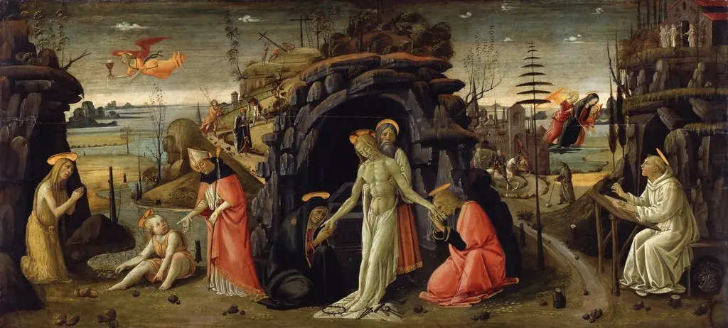 Landscape with biblical scenes and scenes from the legends of saints