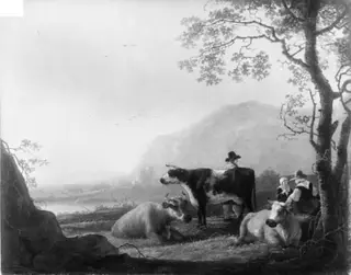 Landscape with Three Cows and Shepherds