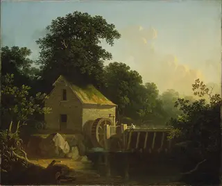 Landscape with Waterwheel and Boy Fishing, by George Caleb Bingham