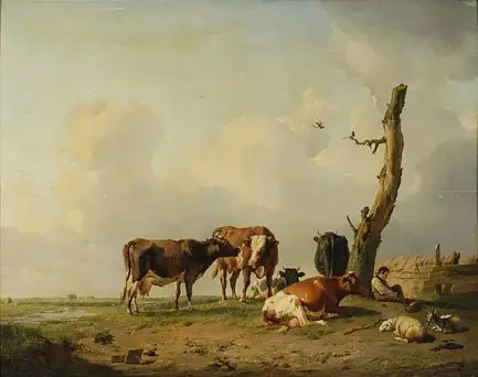 Landschap met herder en vee bij een boom