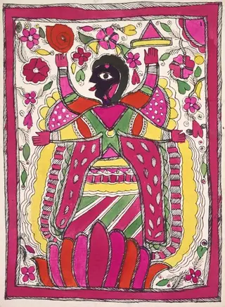 Large, multi-armed figure facing left