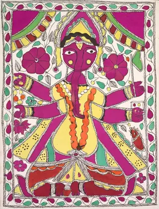 Large, multi-armed figure facing out