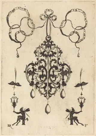 Large Pendant, Lower Left and Right Two Winged "Devils" Sitting on Pedestals
