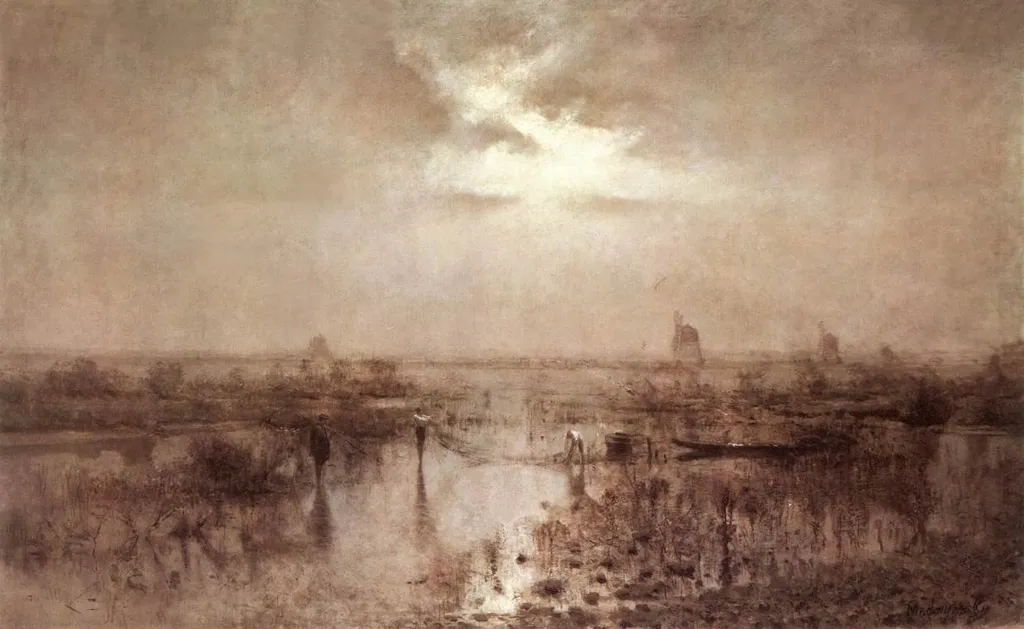 Fishing by the River Tisza, by László Mednyánszky, oil, 1890