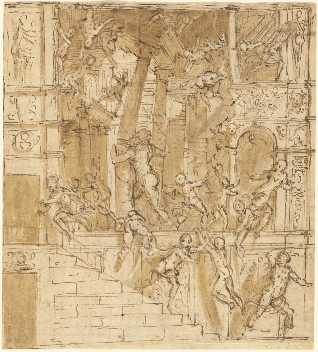 Samson Destroying the Temple, by Lattanzio Gambara, chalk, 1554