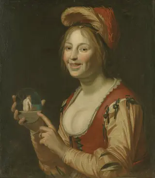 Laughing Girl Showing a Small Picture of a Nude Woman Seen from Behind