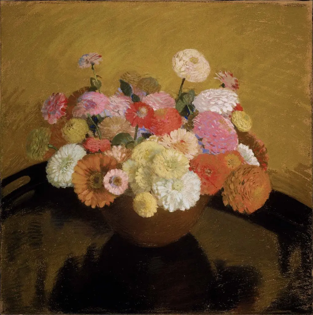 Bowl of Zinnias, by Laura Coombs Hills
