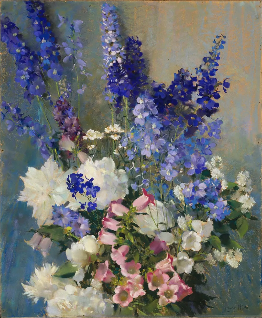 Larkspur, Peonies, and Canterbury Bells, by Laura Coombs Hills, unspecified, 1926