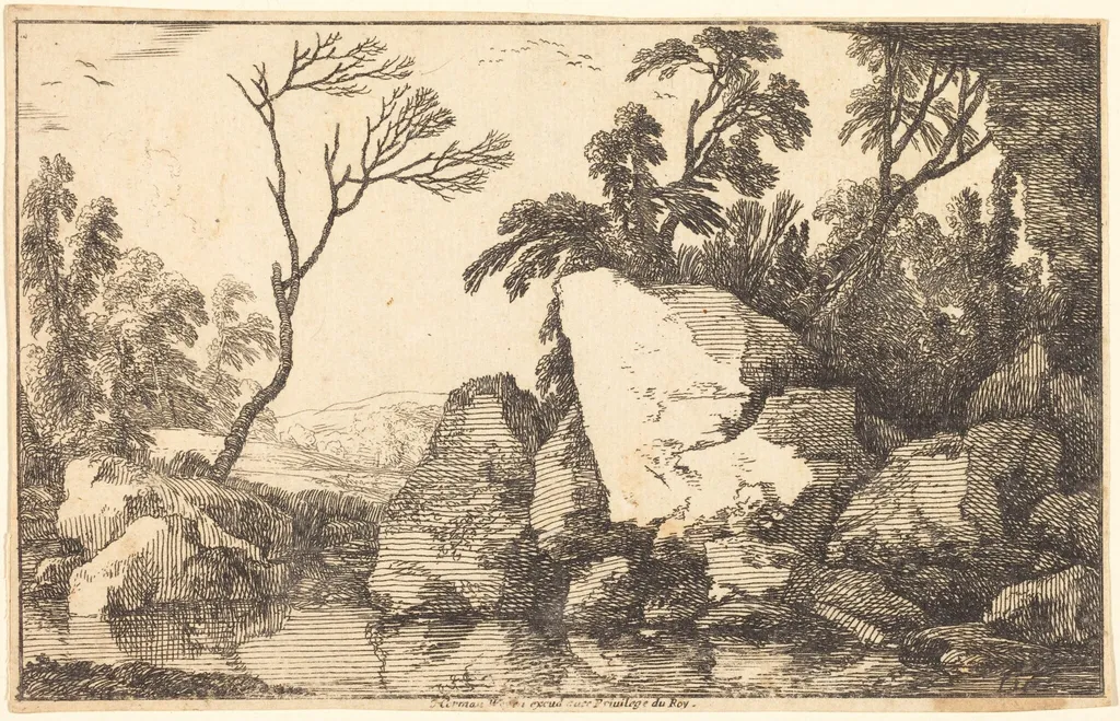 A Rocky Pond, by Laurent de La Hyre, ink, 1640