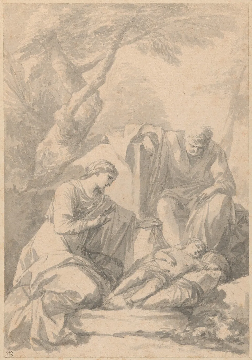 Holy Family Resting on the Flight into Egypt, by Laurent de La Hyre, chalk, 1631