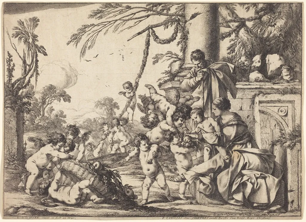 Holy Family with Putti, by Laurent de La Hyre, ink, 1640