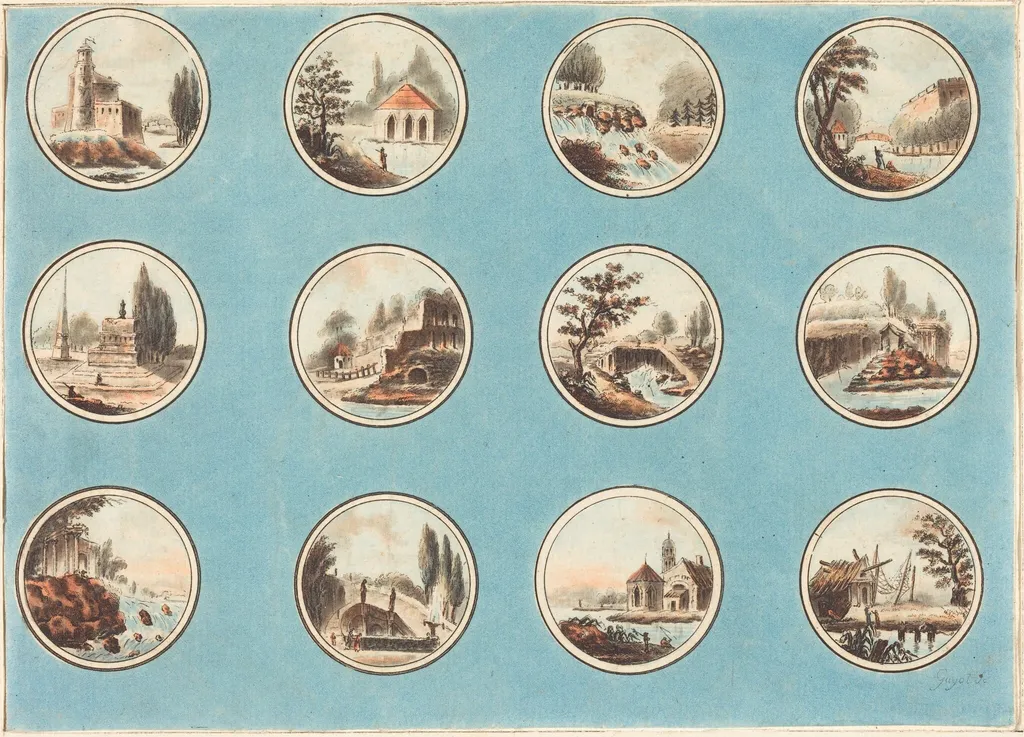 Twelve Roundels with Landscapes, by Laurent Guyot, ink, 1788