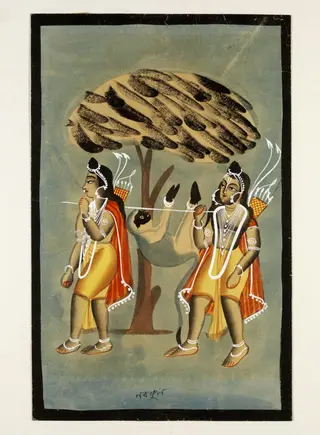 Lava and Kusha carrying Hanuman