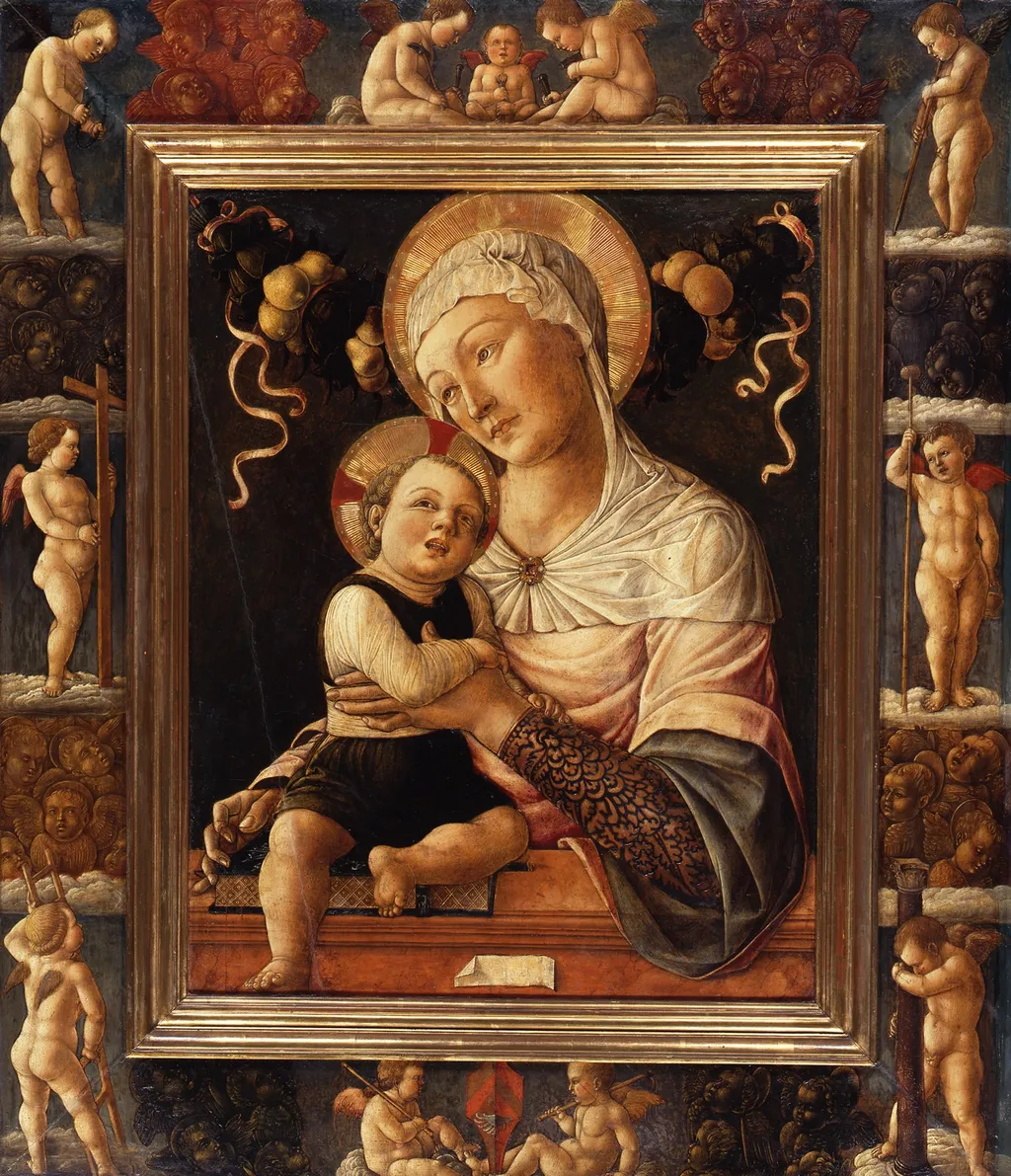 Madonna and Child in Painted Frame, by Lazzaro Bastiani, paint, 1465