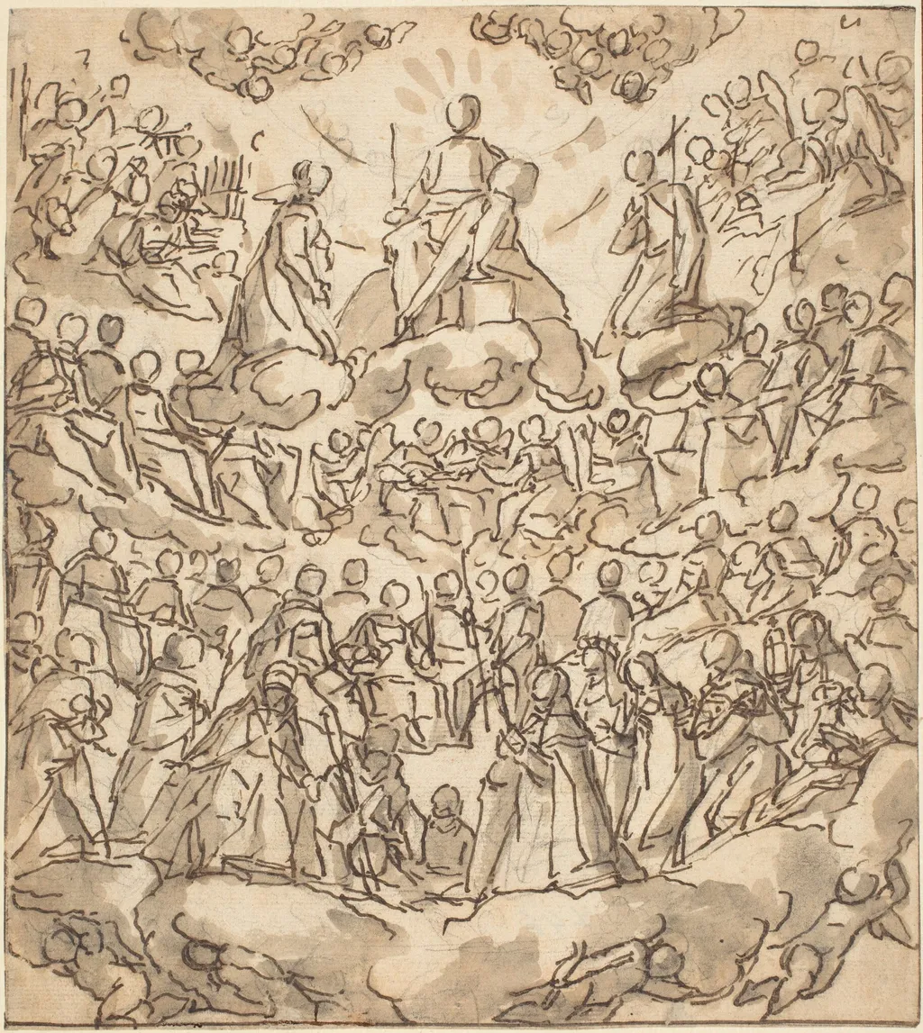 The Blessed in Paradise with the Virgin and St. John the Baptist before God, by Lazzaro Tavarone, chalk, 1590