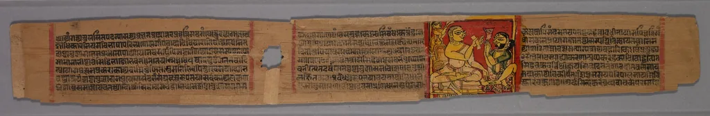 Leaf from a Jain Manuscript: page from a Great Poem about Twos (Dvyashraya Mahakavya) of Hemachandra, with commentary by Abhayatilaka: Monk in the Gift-giving Gesture before a Layman (verso), unspecified, 1290