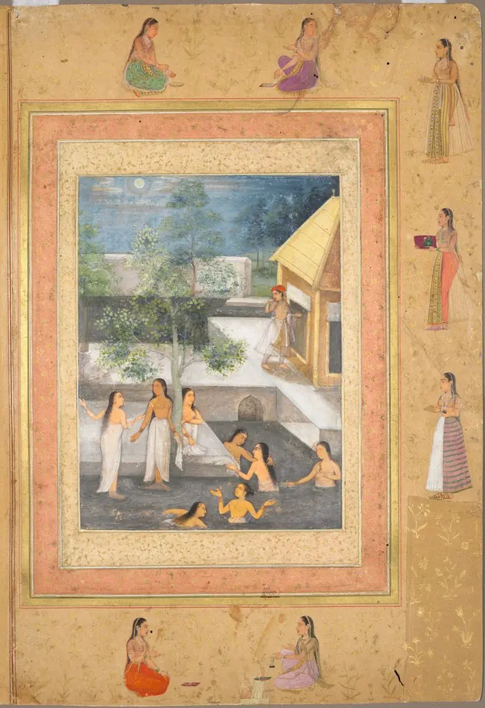 Leaf from the Late Shah Jahan Album: Harem Night-Bathing Scene (recto); Calligraphy Framed by an Ornamental Border of Flowers and Birds (verso)