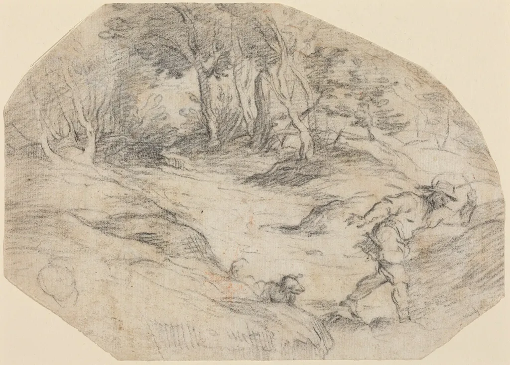 Landscape with a Man and a Dog, by Leandro Bassano, chalk, 1580