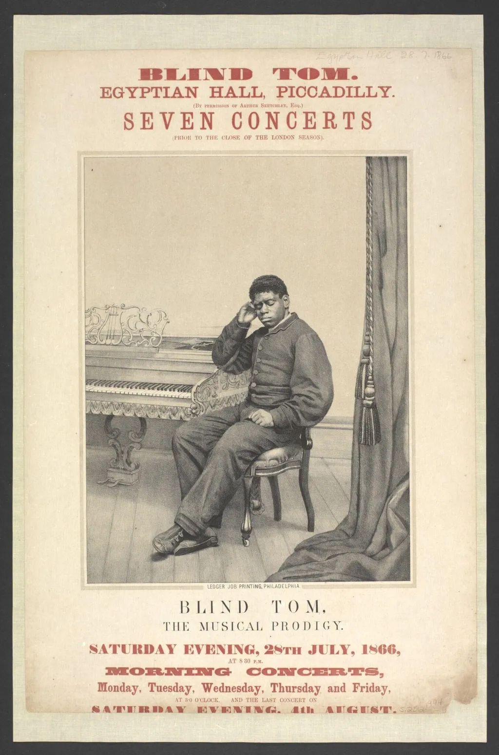 Blind Tom poster, by Ledger Job Printing, 1866