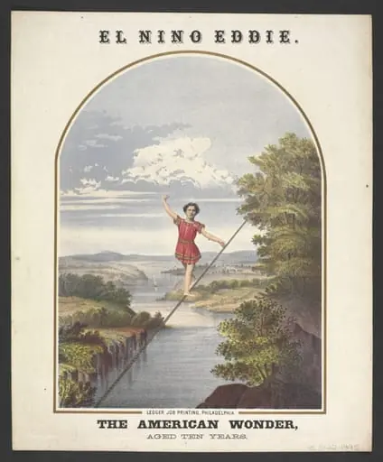 Hanging card advertising the ten-year old El Nino Eddie on the tightrope, by Ledger Job Printing