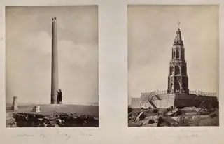 Left: [Ashoka Pillar moved to its present position by Feroz Shah]. Right: Memorial Monument of the British Soldiers in 1859