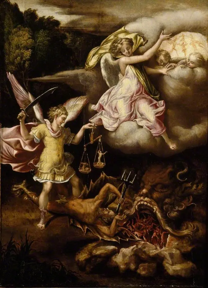 St Michael subduing Satan and weighing the Souls of the Dead, by Lelio Orsi