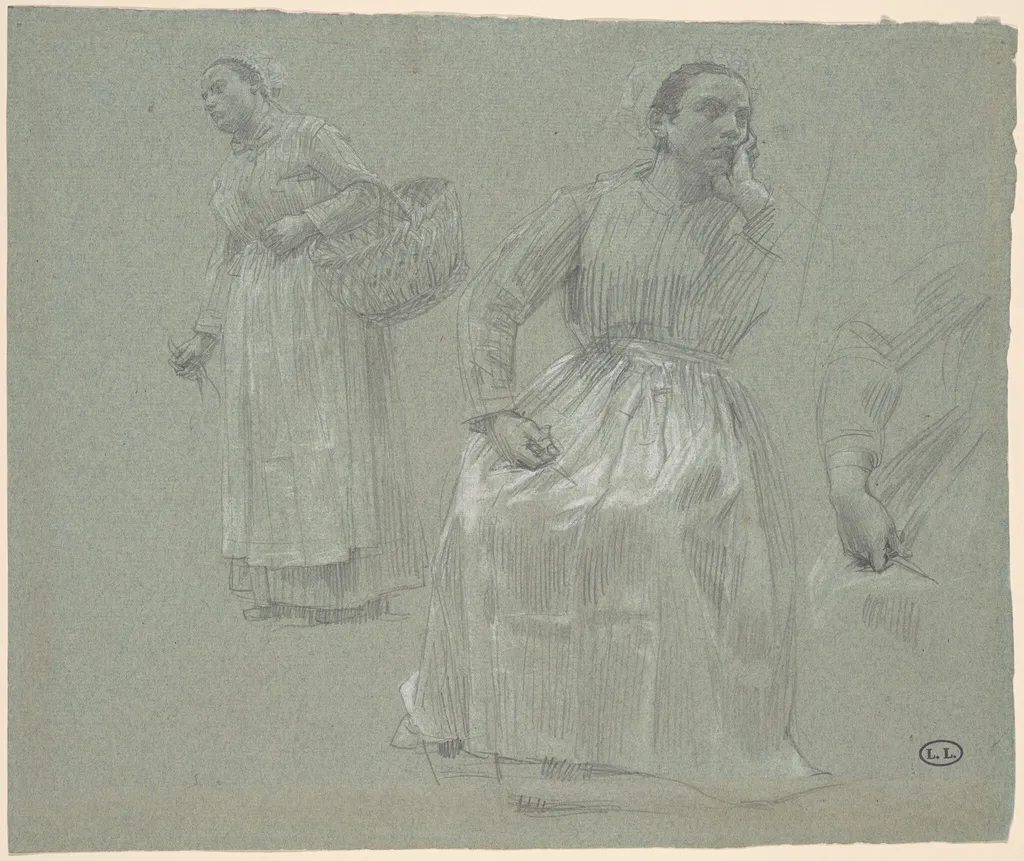 Study of Two Women, One Seated and One Holding a Basket, by Léon Augustin Lhermitte, graphite, 1879