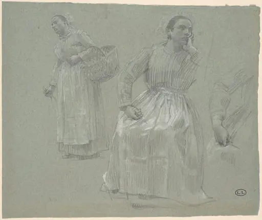 Study of Two Women, One Seated and One Holding a Basket, by Léon Augustin Lhermitte