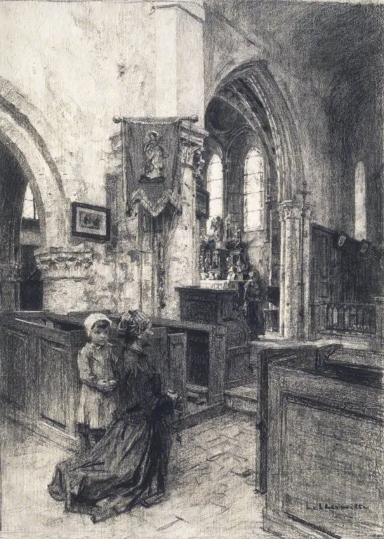 The Church of Saint-Eugène (L'Église de Saint-Eugène), by Léon Augustin Lhermitte, charcoal, 1892