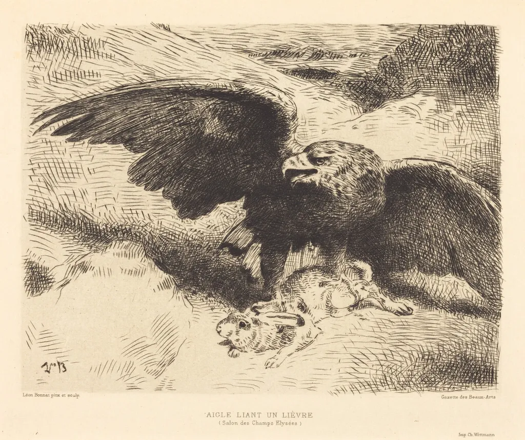 Aigle Liant un Lièvre (An Eagle Pouncing on a Hare), by Léon Bonnat, ink, 1878
