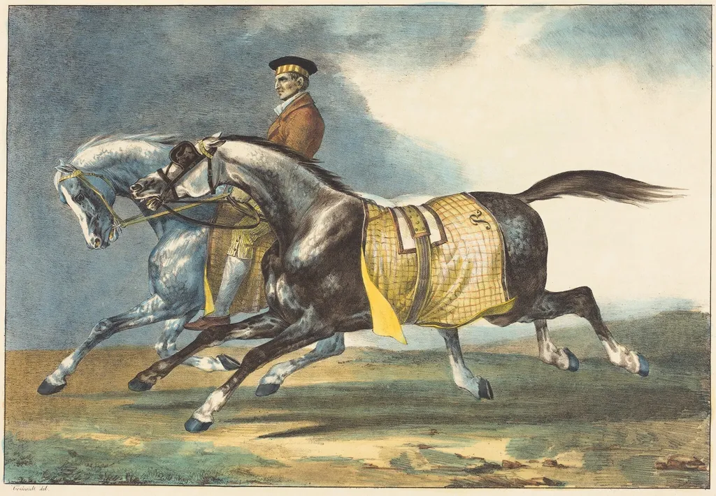 Two Dapple-Gray Horses Exercising (Deux chevaux gris pommele que l'on promene), by Léon Cogniet, ink, 1822