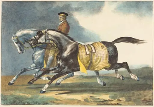 Two Dapple-Gray Horses Exercising (Deux chevaux gris pommele que l'on promene), by Léon Cogniet