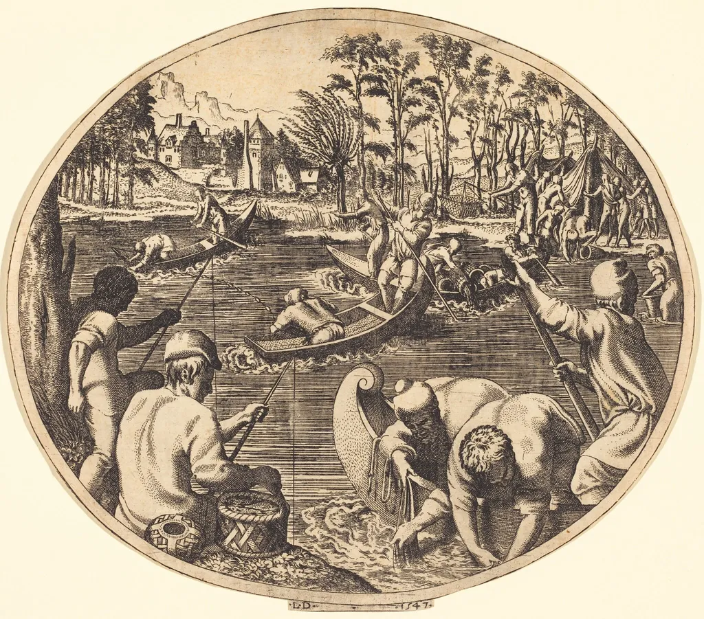 Fishing Scene, by Léon Davent, ink, 1547