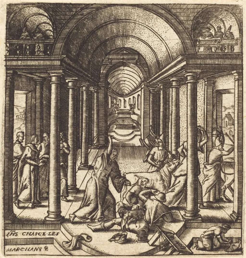 Christ Driving the Money Changers from the Temple, by Léonard Gaultier, ink, 1578