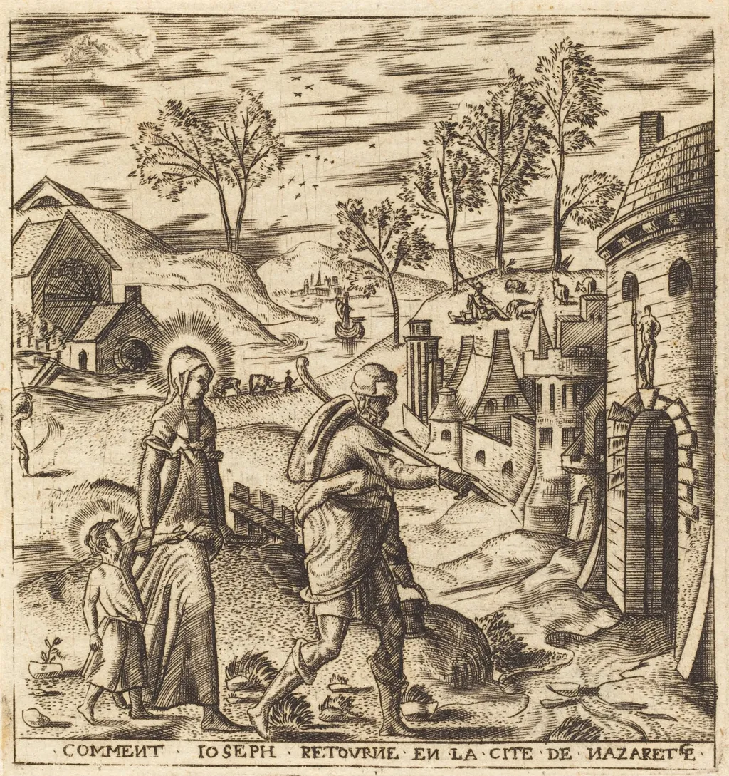 Joseph, Mary and Jesus Returning to Nazareth, by Léonard Gaultier, ink, 1578