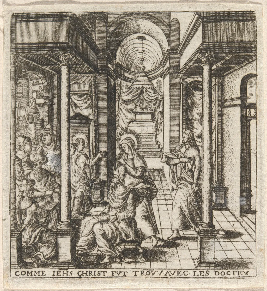 Mary and Joseph Find the Boy Jesus in the Temple with the Doctors, by Léonard Gaultier, ink, 1578