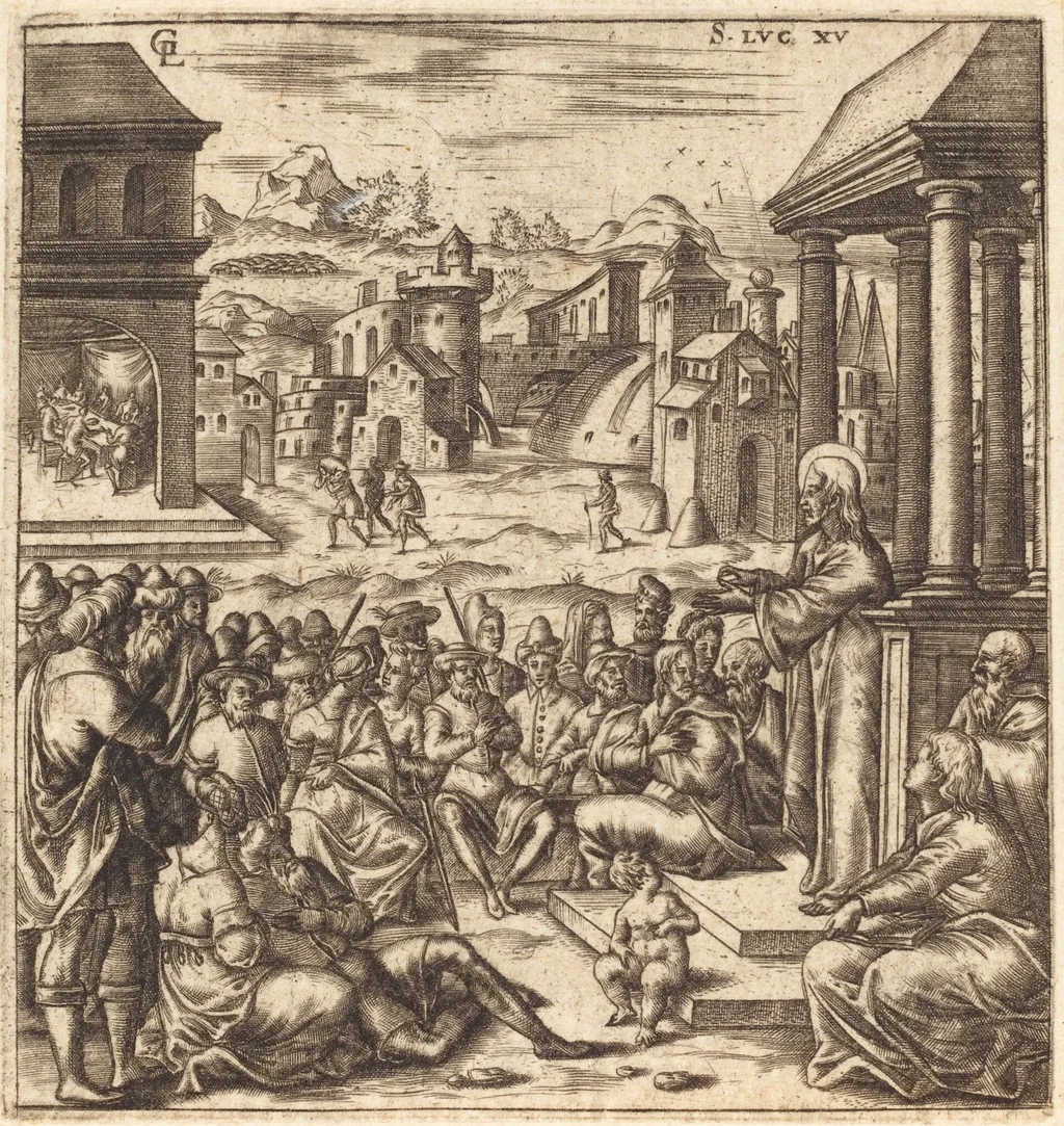 The Parables of the Lost Sheep, the Woman with Pieces of Silver and the Prodigal Son, by Léonard Gaultier, ink, 1578