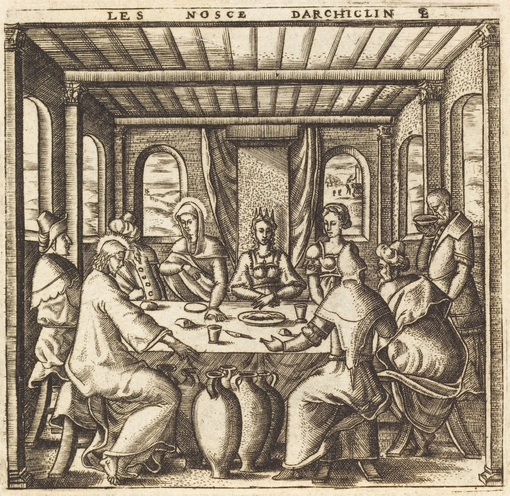 The Wedding at Cana (Christ Changes Water to Wine), by Léonard Gaultier, ink, 1578
